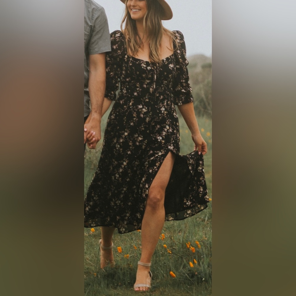 Reformation Black Floral Print Midi Dress